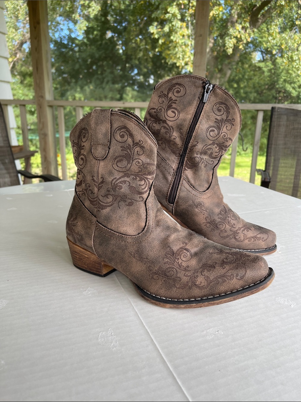 Roper Brown Embossed Western Ankle Booties with Side Zip